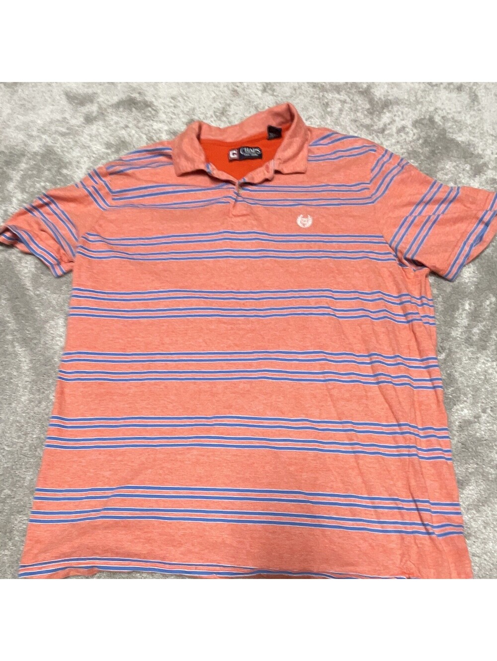 Chaps Men's L Polo Orange Blue Striped Short Sleeve Collared Logo Pullover
